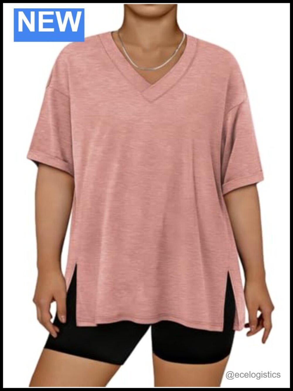 Plus Size V Neck Tunic Tee Short Sleeve Side Slit Oversized Loose Fit